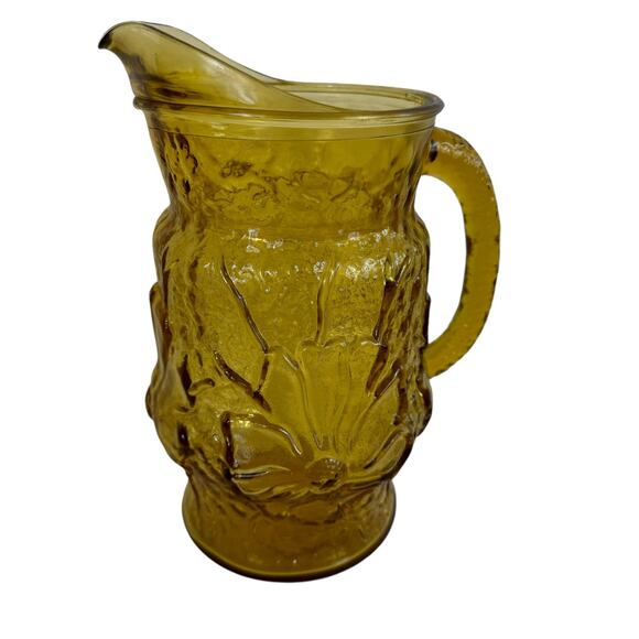 Vintage Anchor Hocking Rainflower Glass Amber Handled Pitcher 64 Oz. - Picture 1 of 4